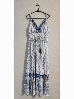 ME 2 Magic Bohemian Vacation Dress Ivory/Blue/Gold shimmer flowy maxi dress XL